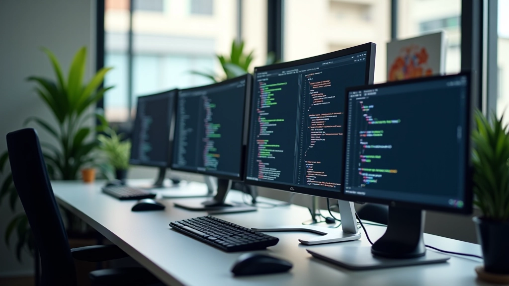 Modern development workspace with multiple screens showing animation code and design tools