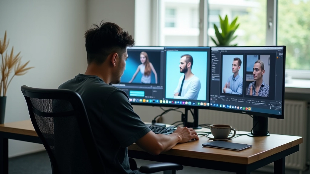 Designer working on animation timeline in modern workspace with dual monitors showing motion design software